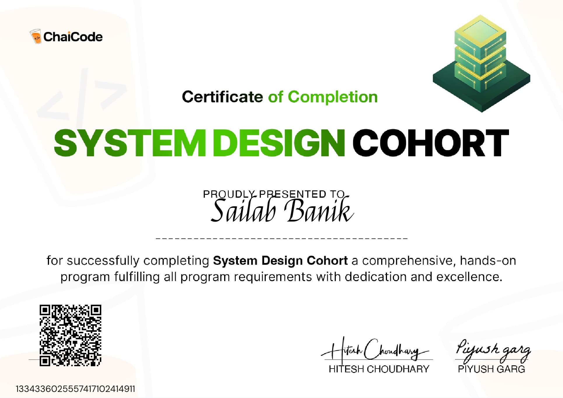System Design Cohort, issued by ChaiCode